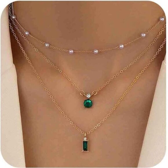 Boho Layered Emerald Pearl Choker Necklace Gold Emerald Pendant Necklace Tiny Pe - Picture 1 of 7